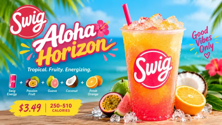 Swig Aloha Horizon packaging showcasing a tropical fruit theme with bright colors and playful design elements