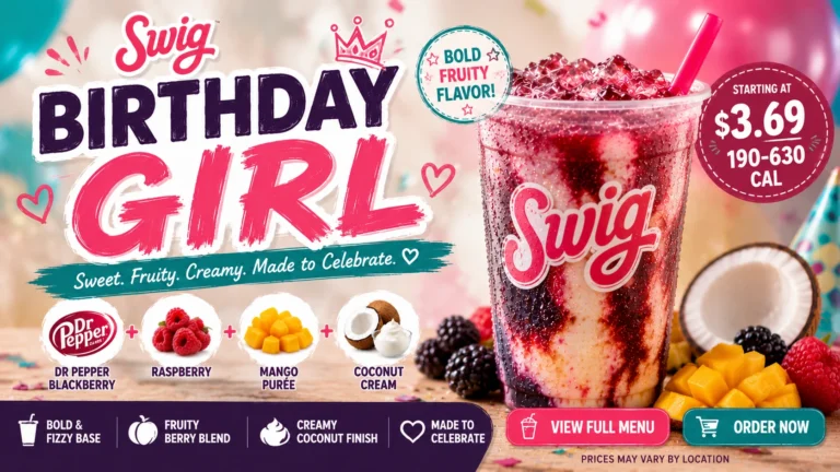 A vibrant birthday advertisement featuring a girl surrounded by colorful fruit and a refreshing drink.