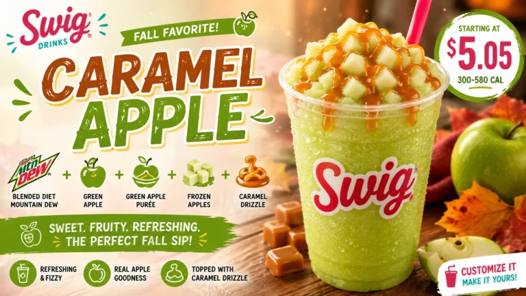 Swiggy's caramel apple smoothie, a blend of caramel and apple flavors, presented in a clear glass with a straw.