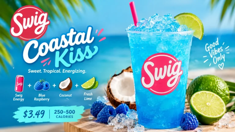 Swig Coastal Kiss, a refreshing tropical beverage, featuring bright colors and a pineapple garnish on the rim of the glass.