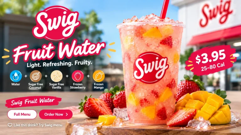 Swig fruit water promotional image showcasing colorful fruits and a chilled drink, emphasizing freshness and hydration.