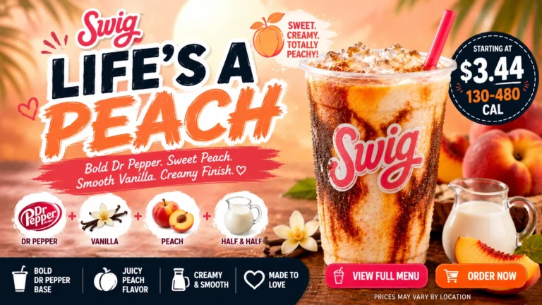 Promotional poster displaying a peach smoothie alongside a whole peach, emphasizing the refreshing beverage's appeal.