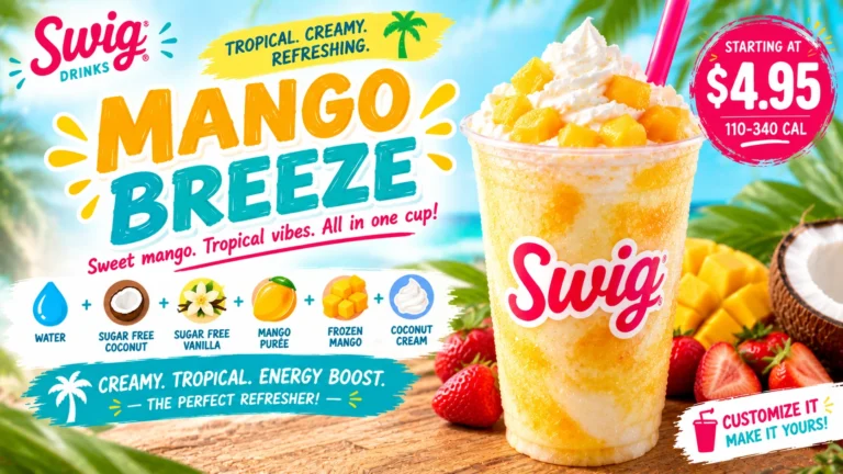 Swig mango breeze promotional image displaying a refreshing beverage, surrounded by fresh mangoes and a sunny atmosphere.