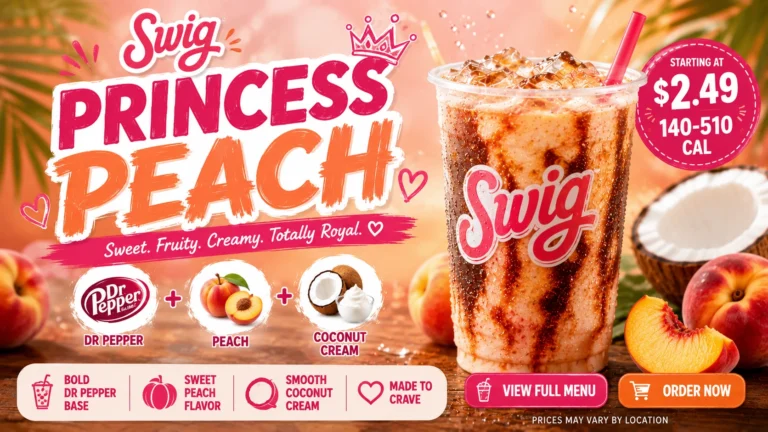 Promotional poster for a peach drink, displaying juicy peaches and a chilled glass, emphasizing its refreshing qualities.