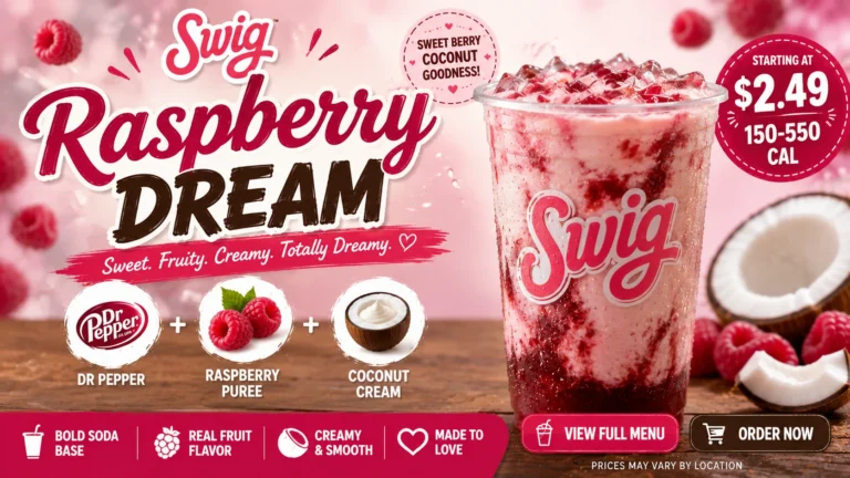 A refreshing drink topped with a raspberry dream garnish, featuring vibrant red raspberries and a frothy texture.
