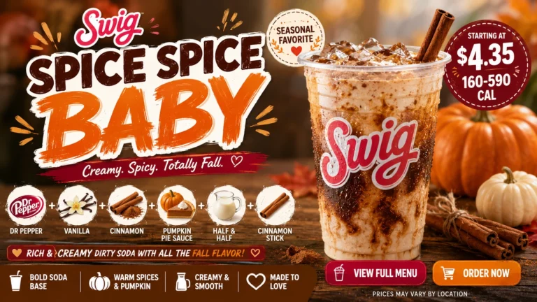 Promotional flyer for "Spice Spice Baby" drink, showcasing colorful graphics and details about the beverage's flavor profile.
