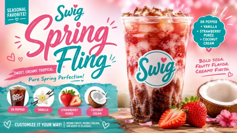 Swig Spring Fling promotional flyer adorned with strawberries and coconut, inviting attendees to enjoy a festive celebration.