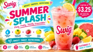 A vibrant flyer for Summer Splash featuring colorful fruits and refreshing drinks, promoting a fun summer event.